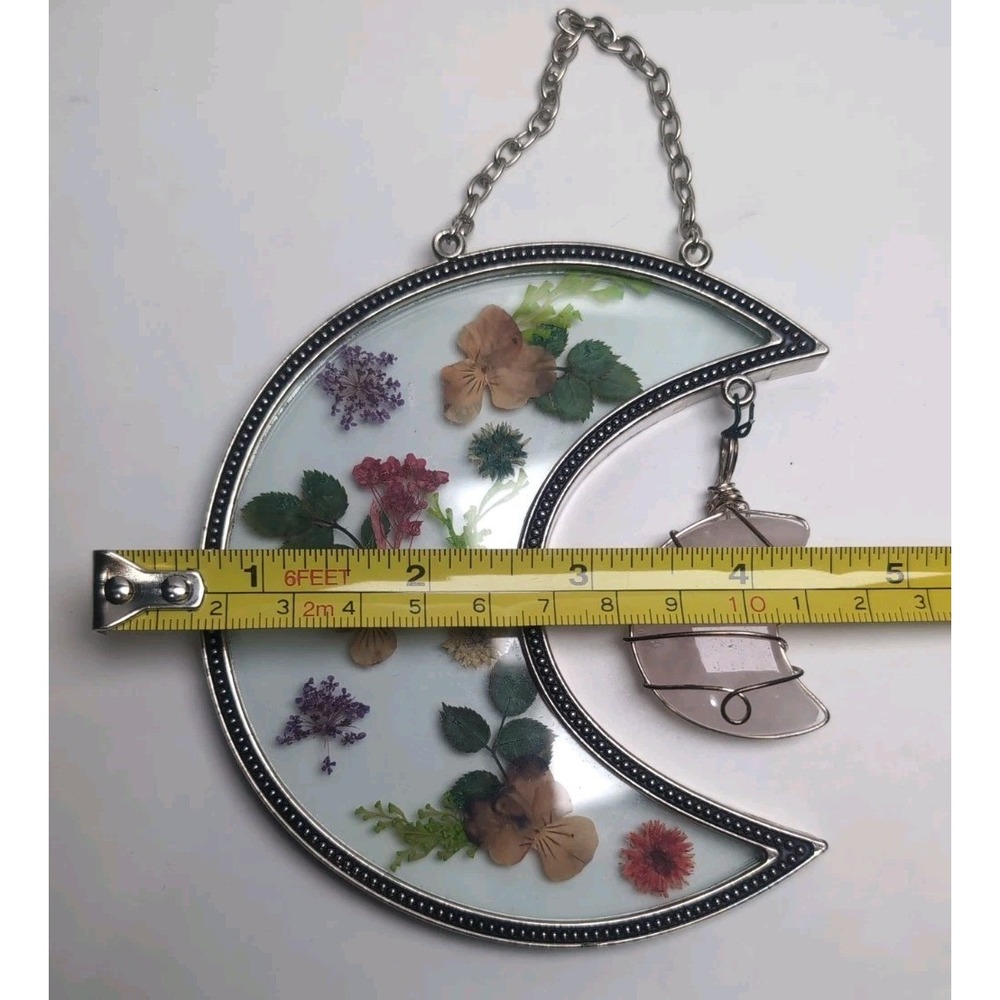 Vintage Dried Pressed Flowers Glass Metal half Moon Frame Hanging W/Rose Quartz - Picture 10 of 13